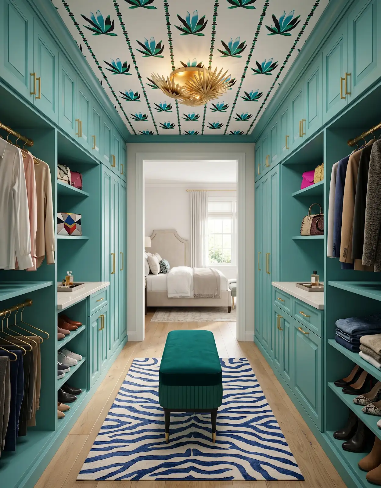 AI-generated room concept with turquoise closet cabinetry and a striped runner