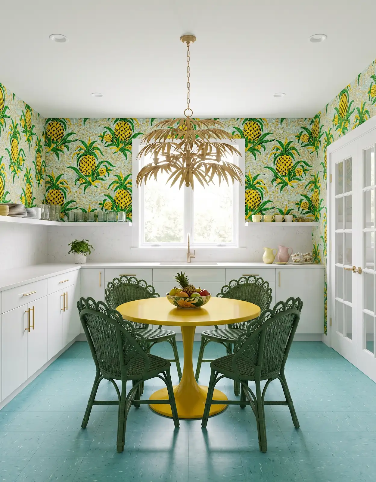 AI-generated room concept with white cabinets, tropical walls and a yellow table