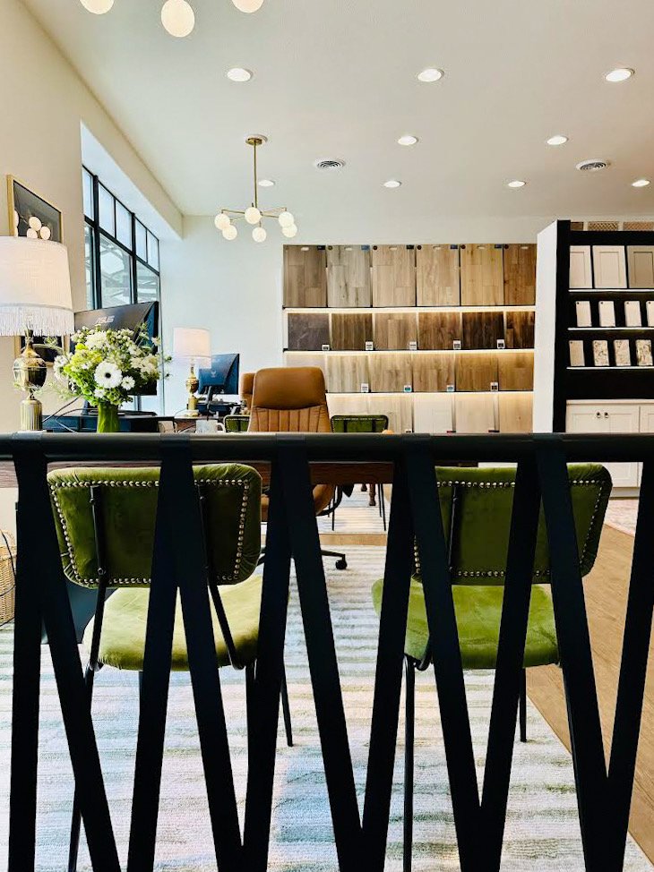 Material samples and a meeting table in the Design Center showroom