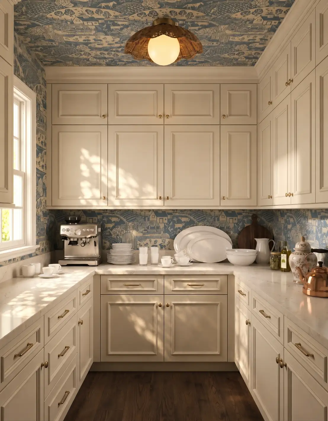 AI-generated room concept with cream pantry cabinets and muted blue patterned walls