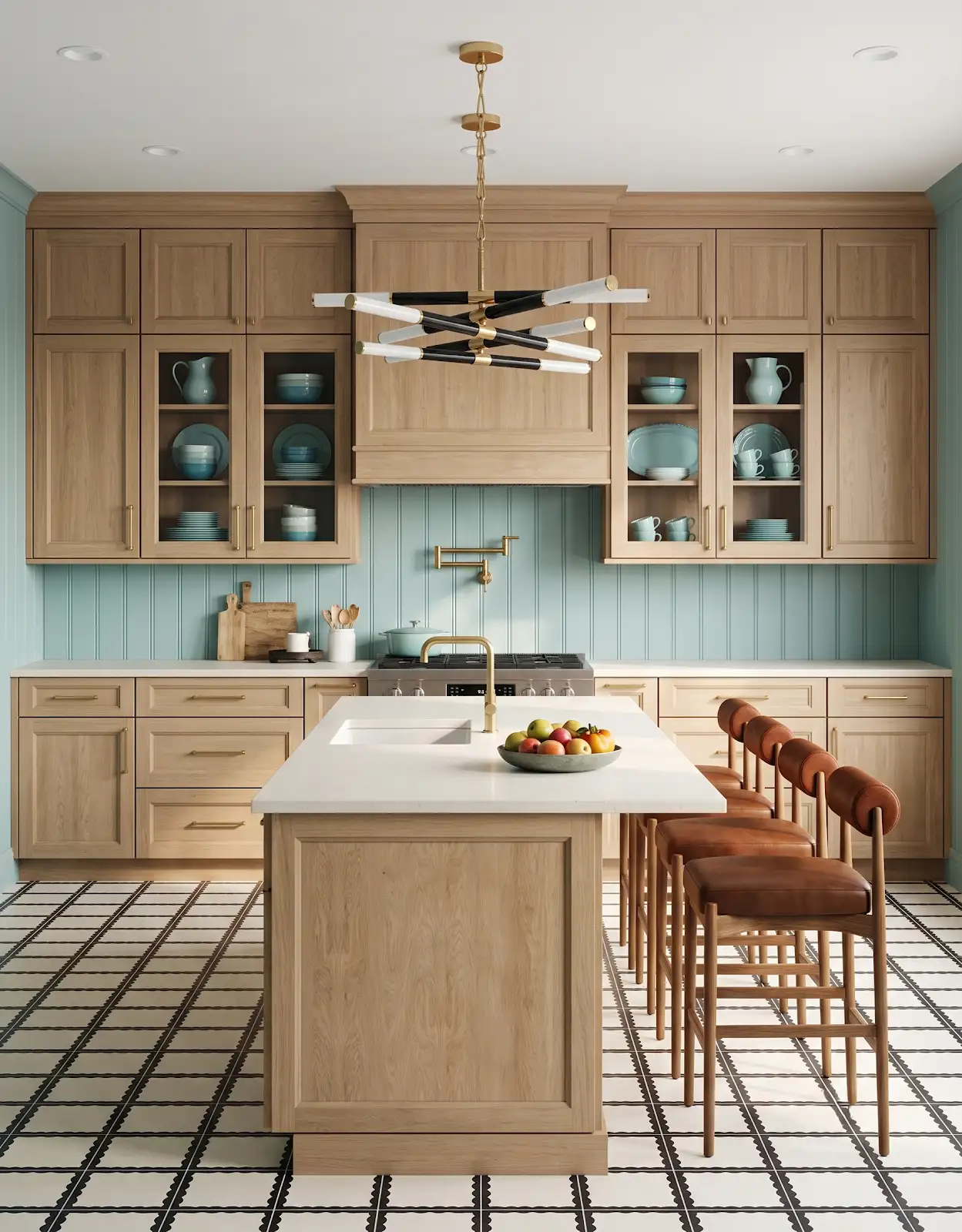 AI-generated room concept with wood cabinets, an aqua wall and a gridded floor