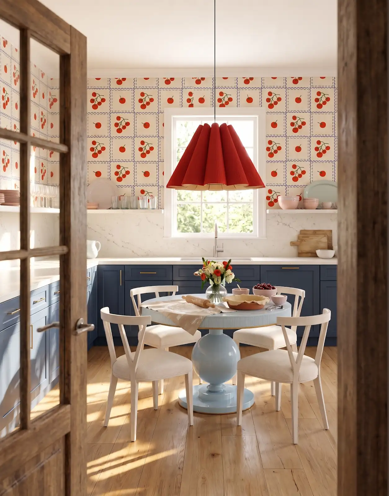 AI-generated room concept with blue base cabinets viewed through wood trim