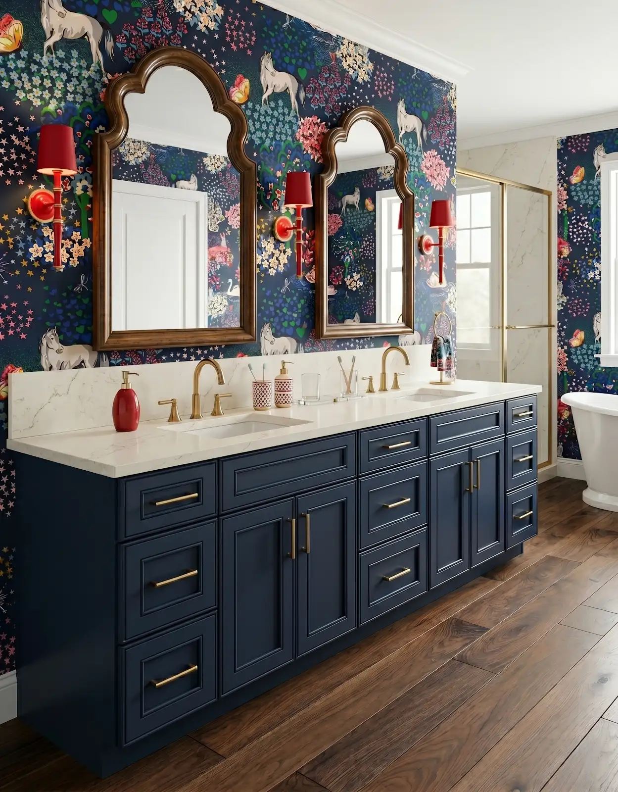 AI-generated room concept with navy vanity and colorful floral walls
