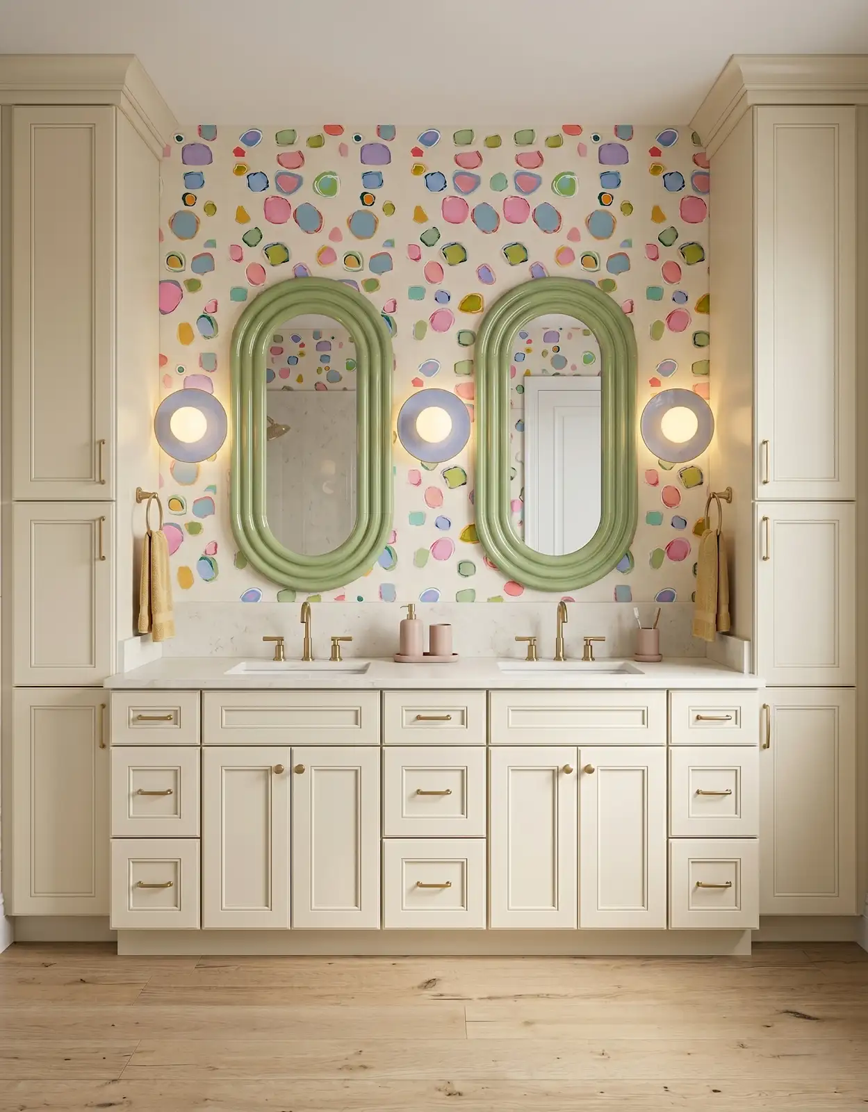 AI-generated room concept with white vanity, green mirrors and colorful walls