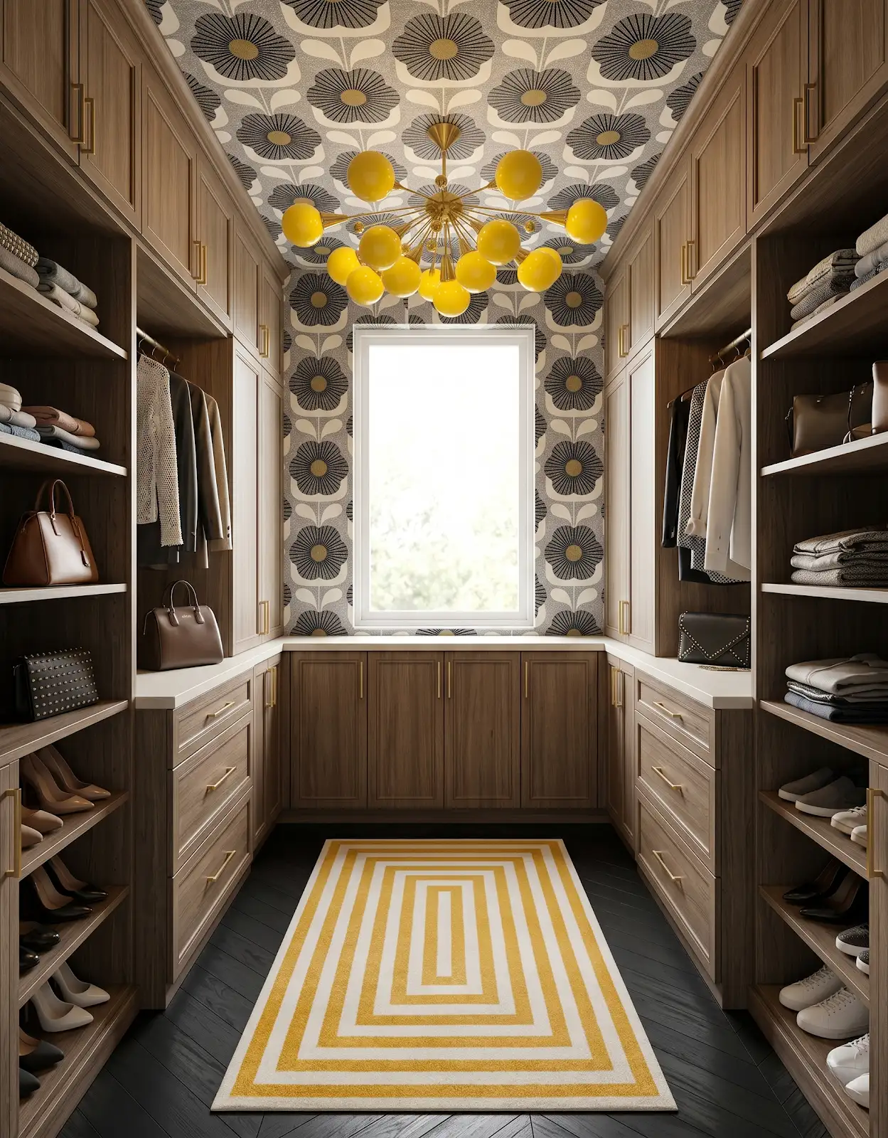 AI-generated room concept with wood closet cabinetry and a yellow geometric rug