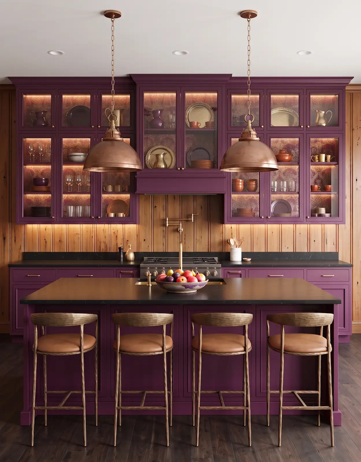 AI-generated room concept with plum cabinets, warm metals and a wood backsplash