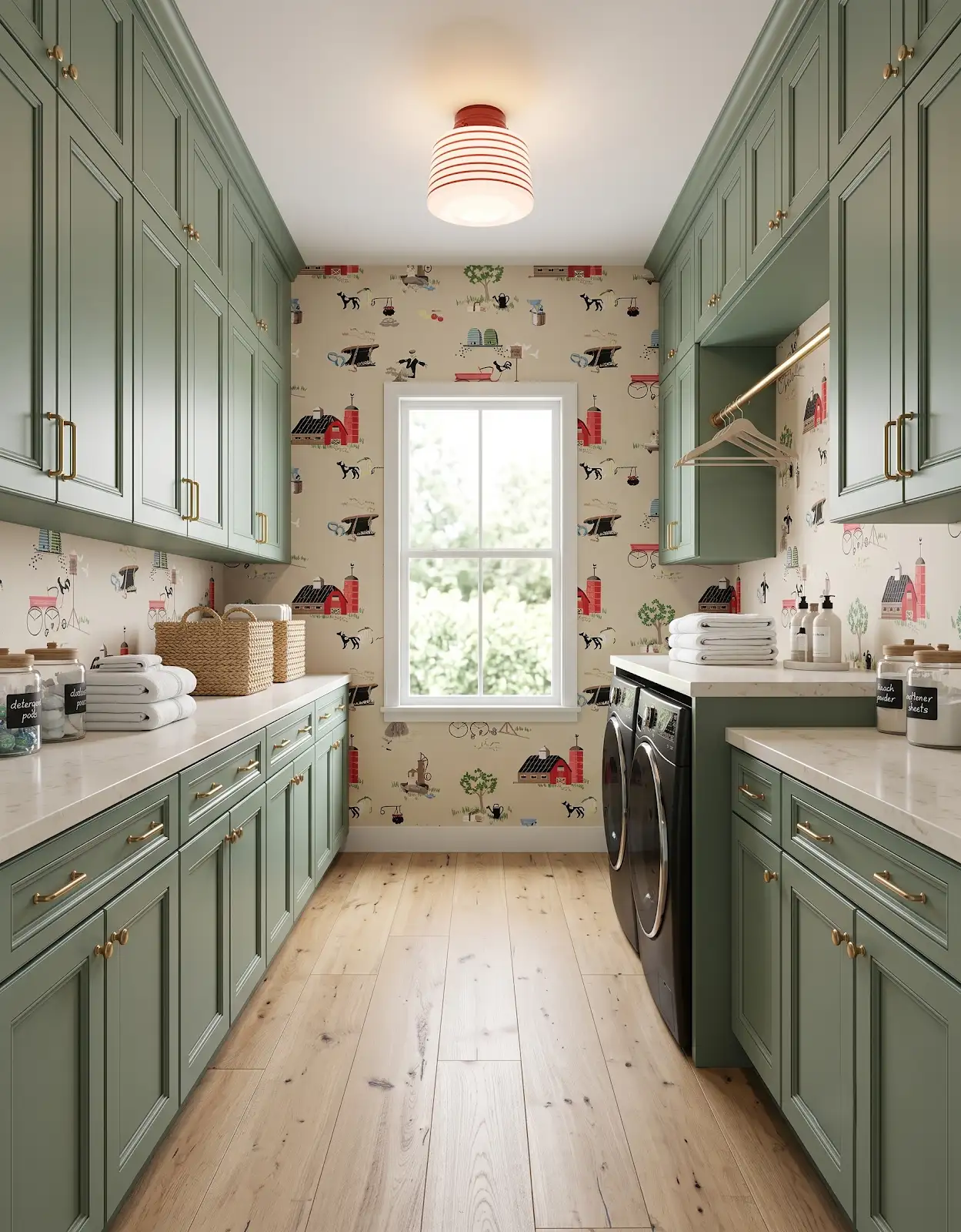AI-generated room concept with sage laundry cabinets and patterned walls