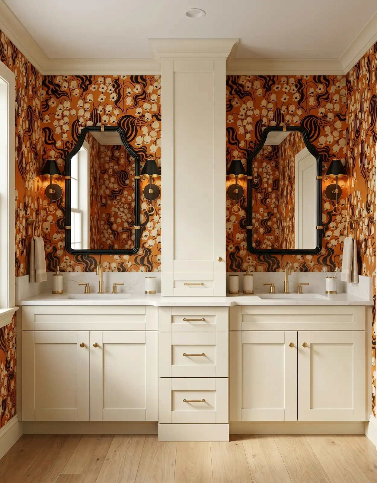 AI-generated room concept with white vanity and warm brown patterned walls