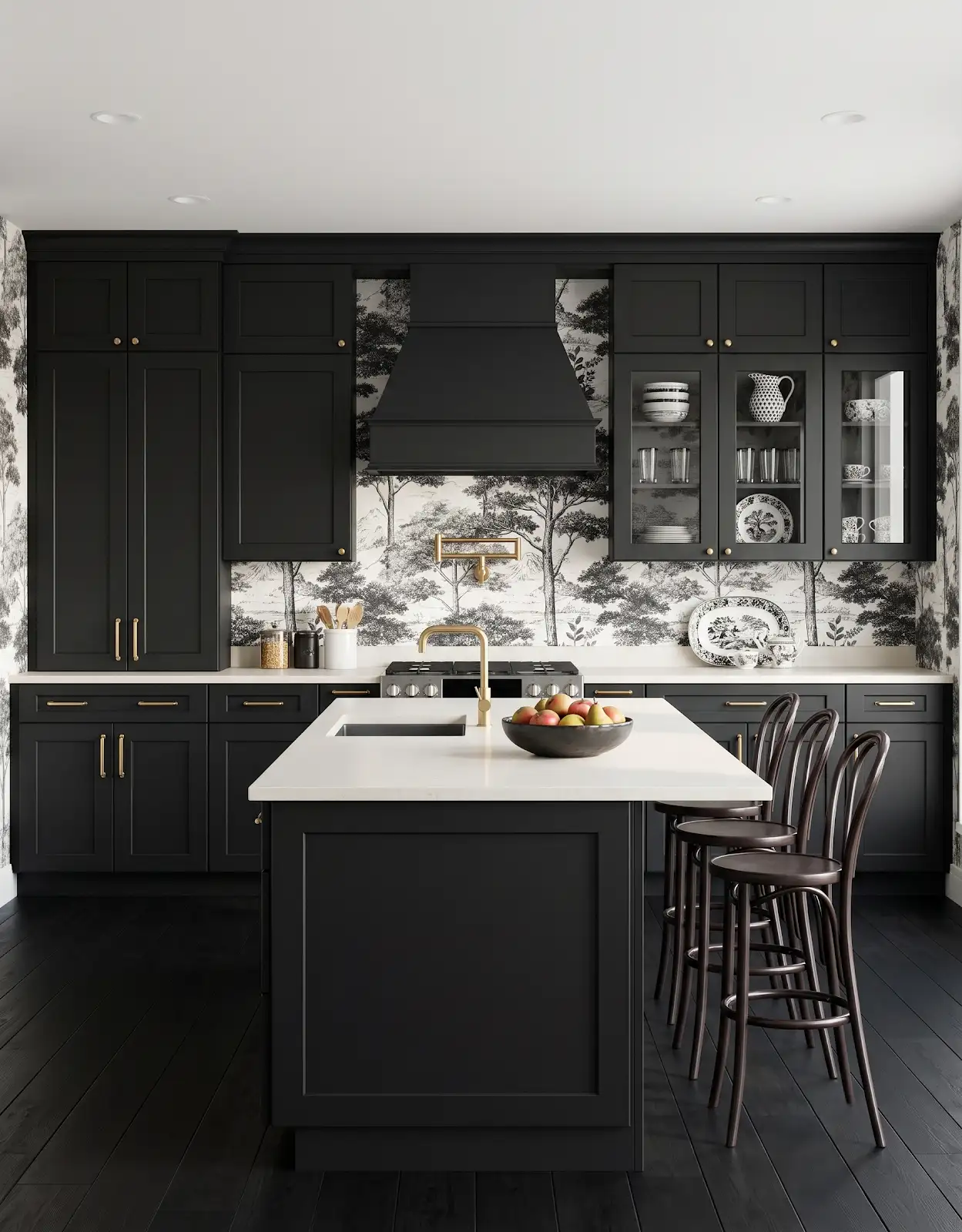 AI-generated room concept with black cabinets, pale counters and a scenic wall