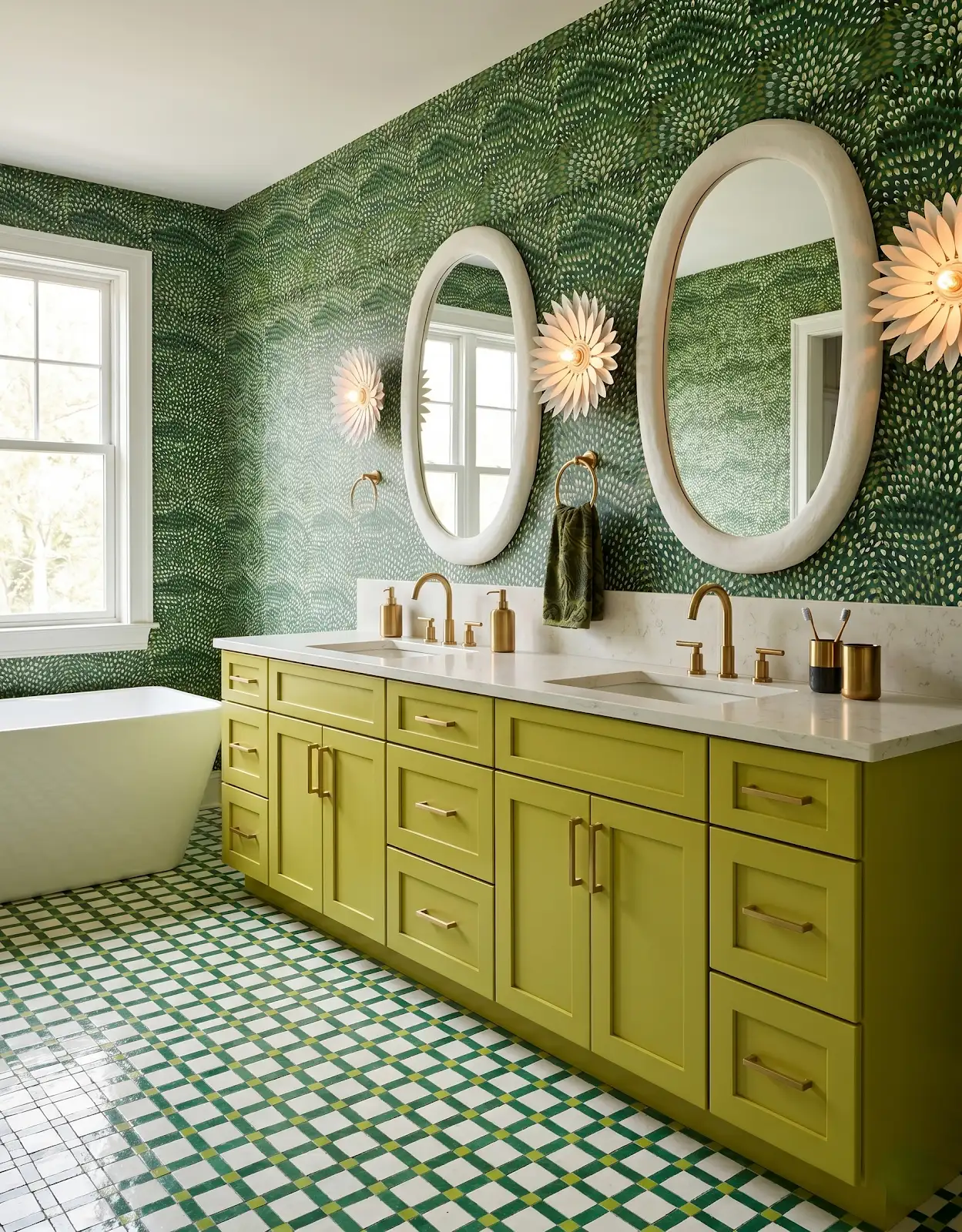 AI-generated room concept with chartreuse vanity and green patterned surfaces