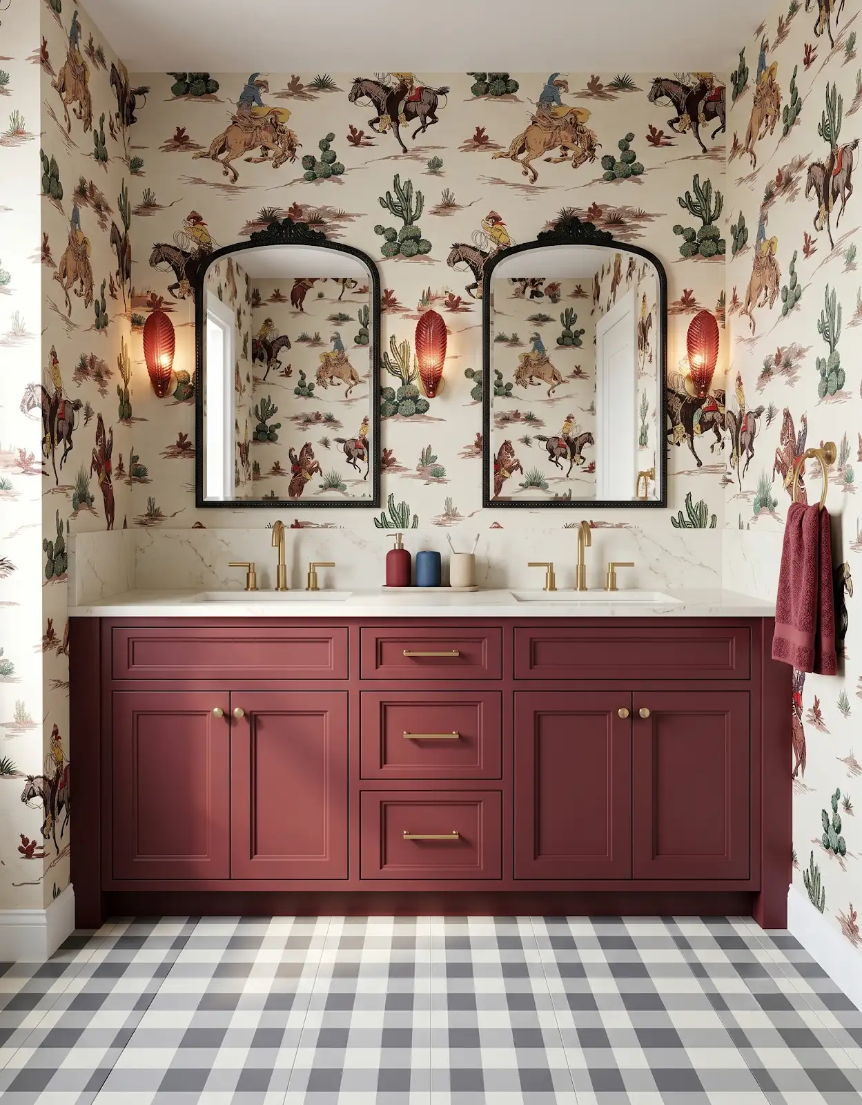 AI-generated room concept with wine-red vanity and gray checked floor