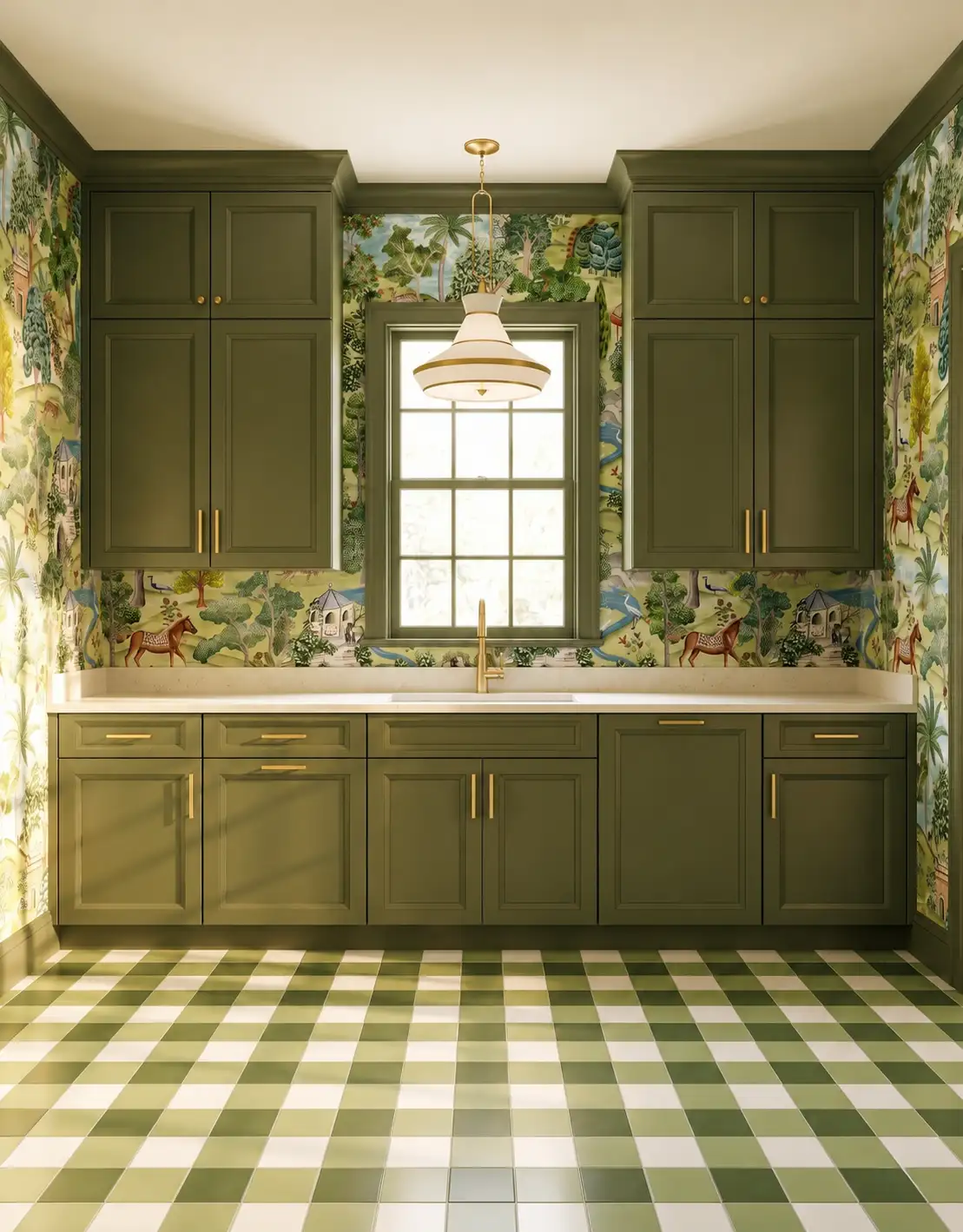 AI utility-room concept with olive cabinets, a sink counter and a green-and-cream checkered floor