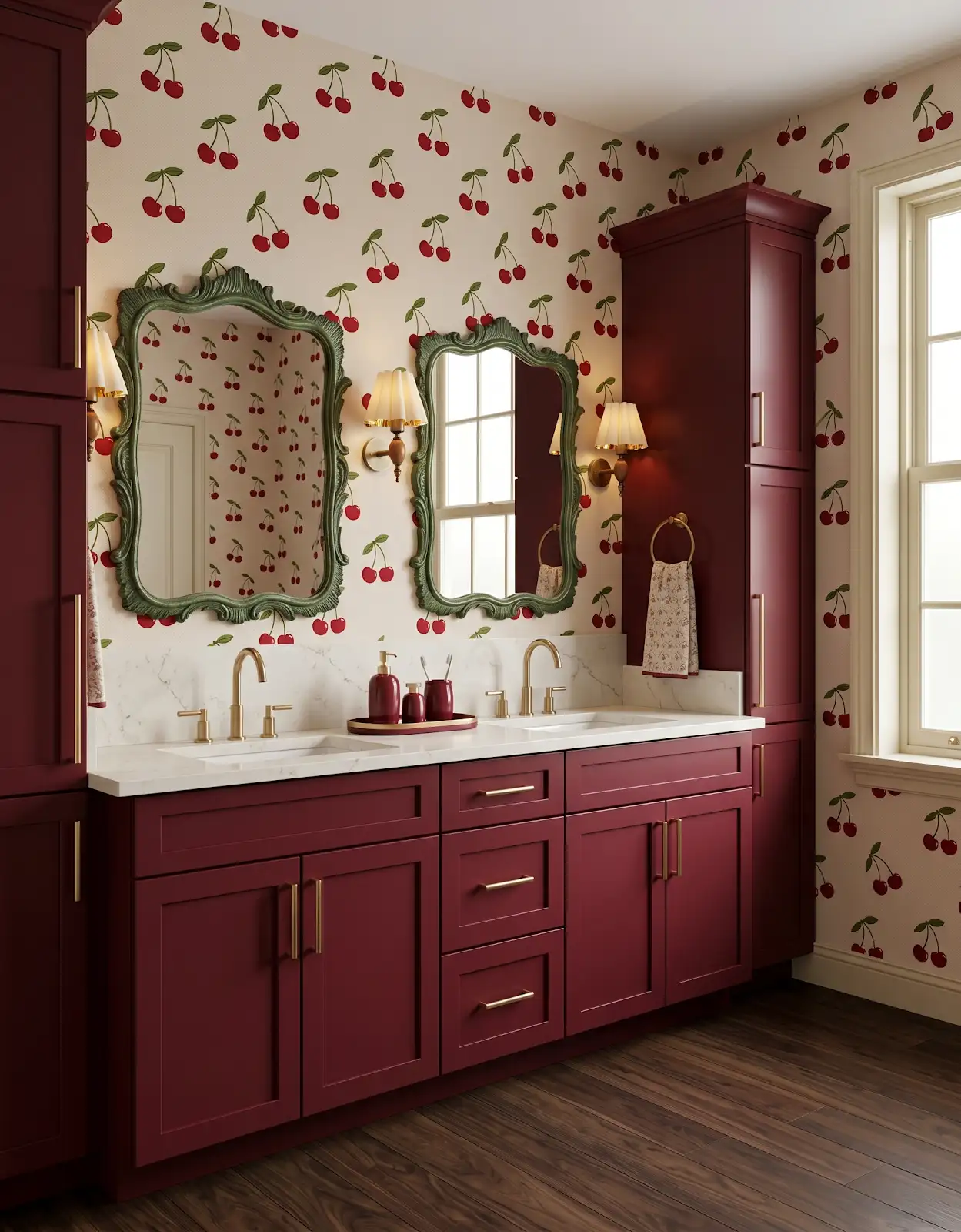 AI-generated room concept with burgundy vanity and cherry-pattern walls