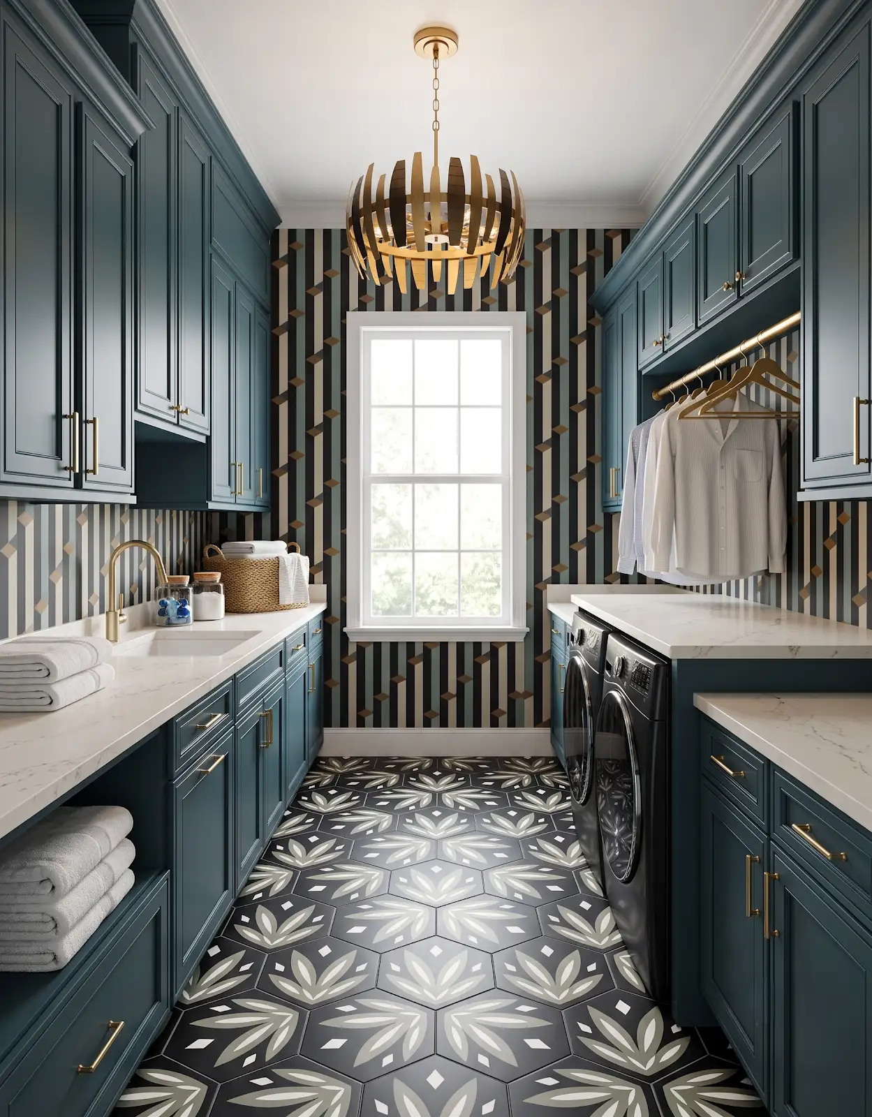 AI-generated room concept with teal laundry cabinets and a geometric floor