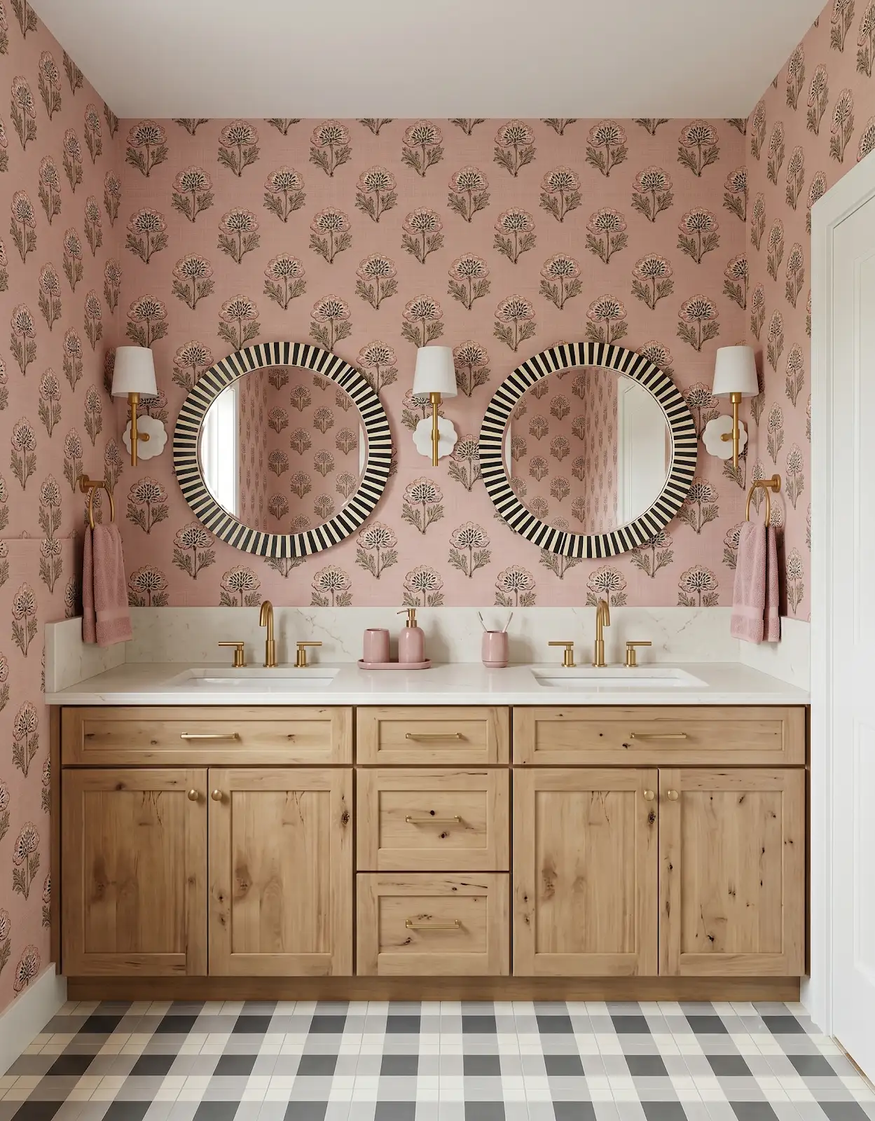 AI-generated room concept with wood vanity, pink walls and a gray checked floor