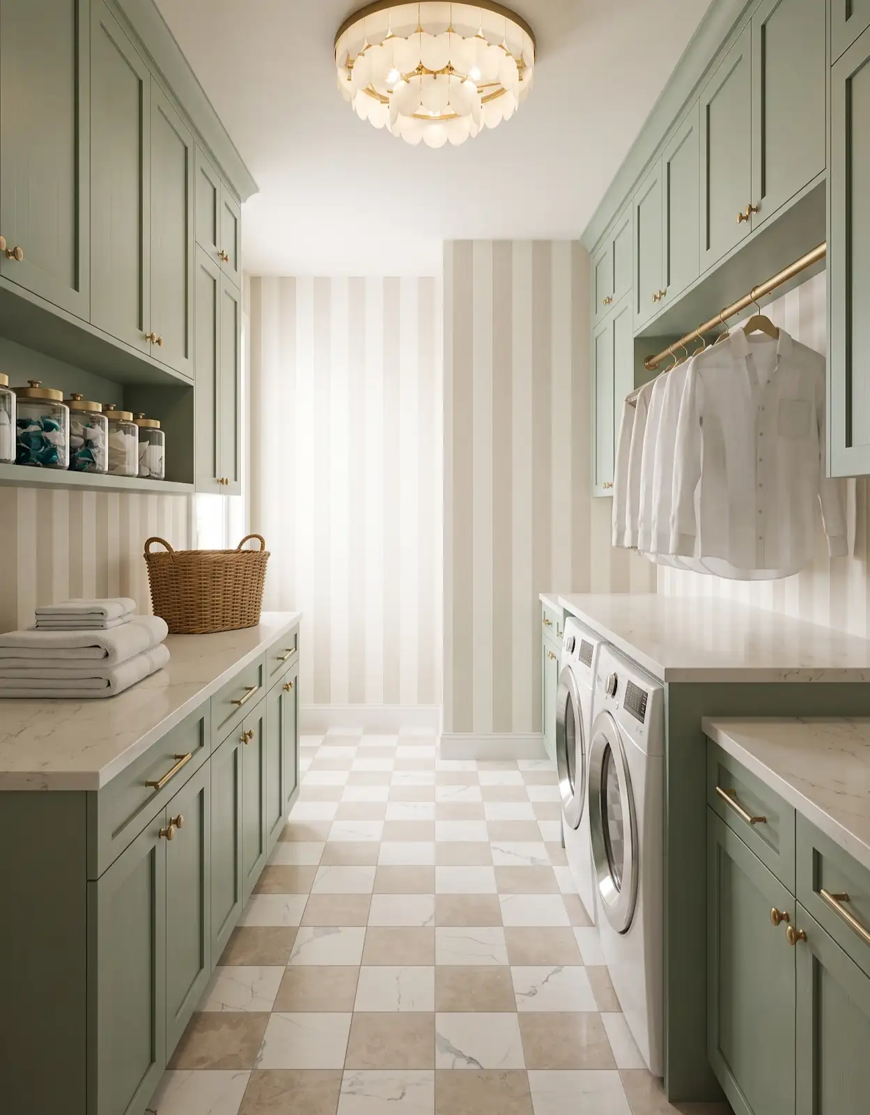 AI-generated room concept with sage laundry cabinets and a cream checked floor