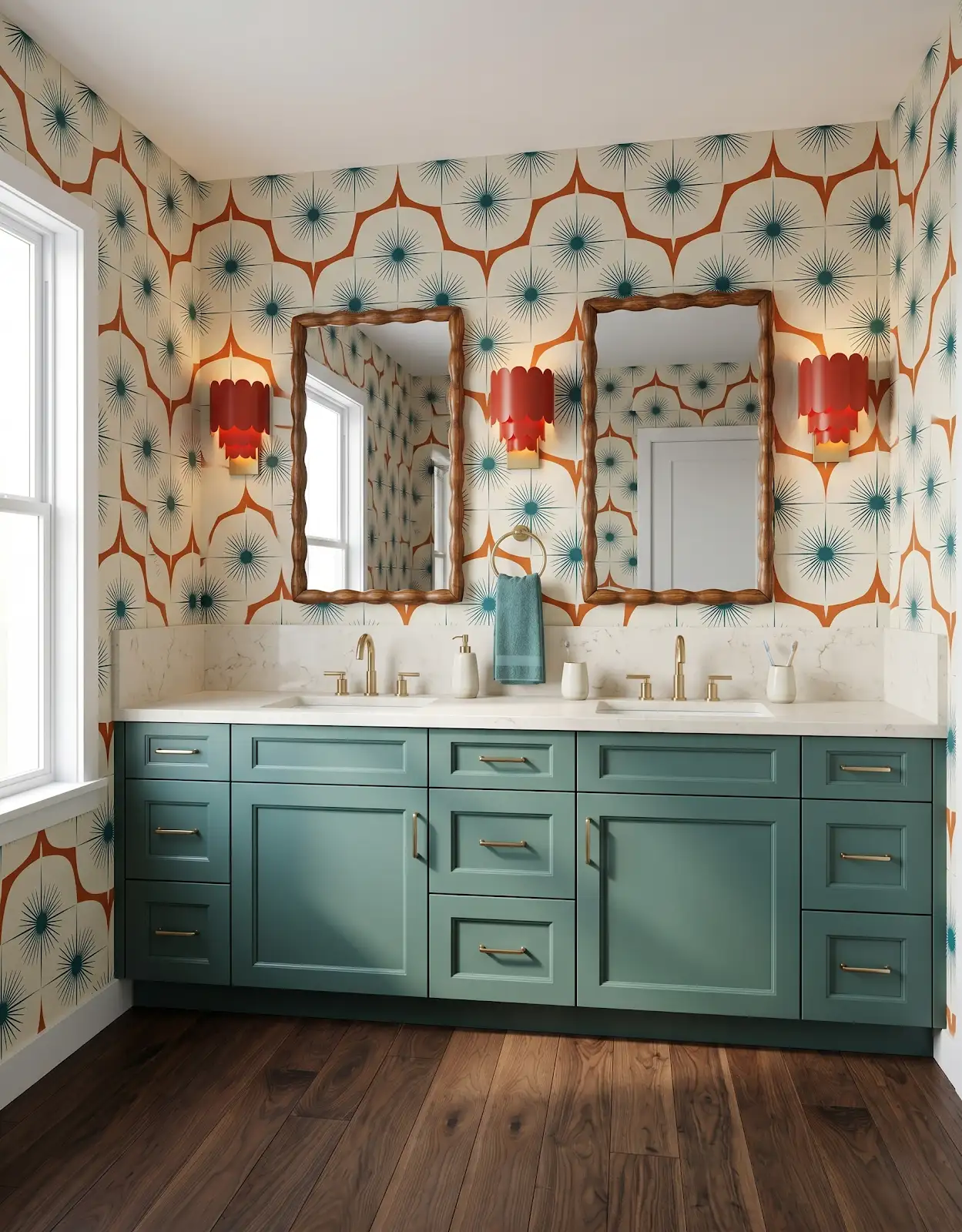 AI-generated room concept with teal vanity and star-pattern walls