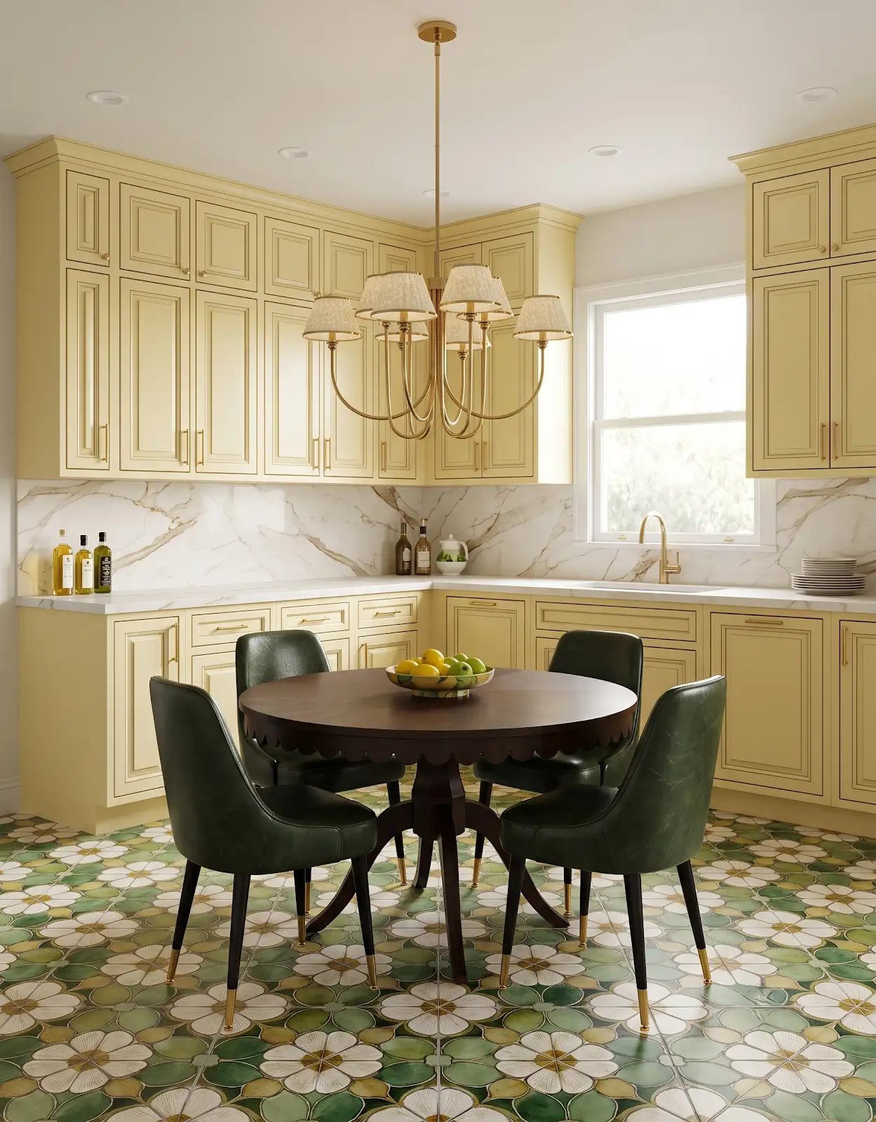 AI-generated room concept with cream-yellow cabinets, a round table and a floral floor