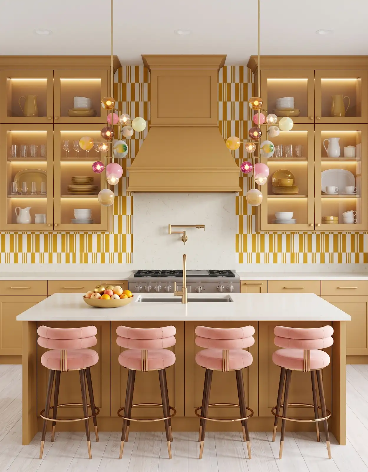 AI-generated room concept with yellow cabinets, pink stools and a checked wall