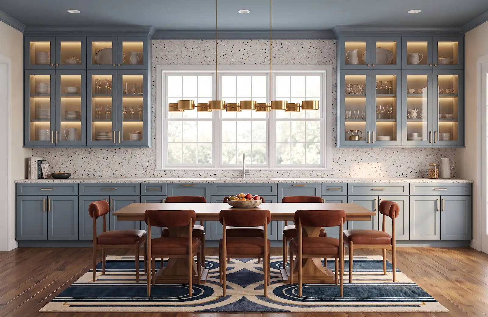 AI-generated room concept with blue cabinets behind a dining table and patterned rug