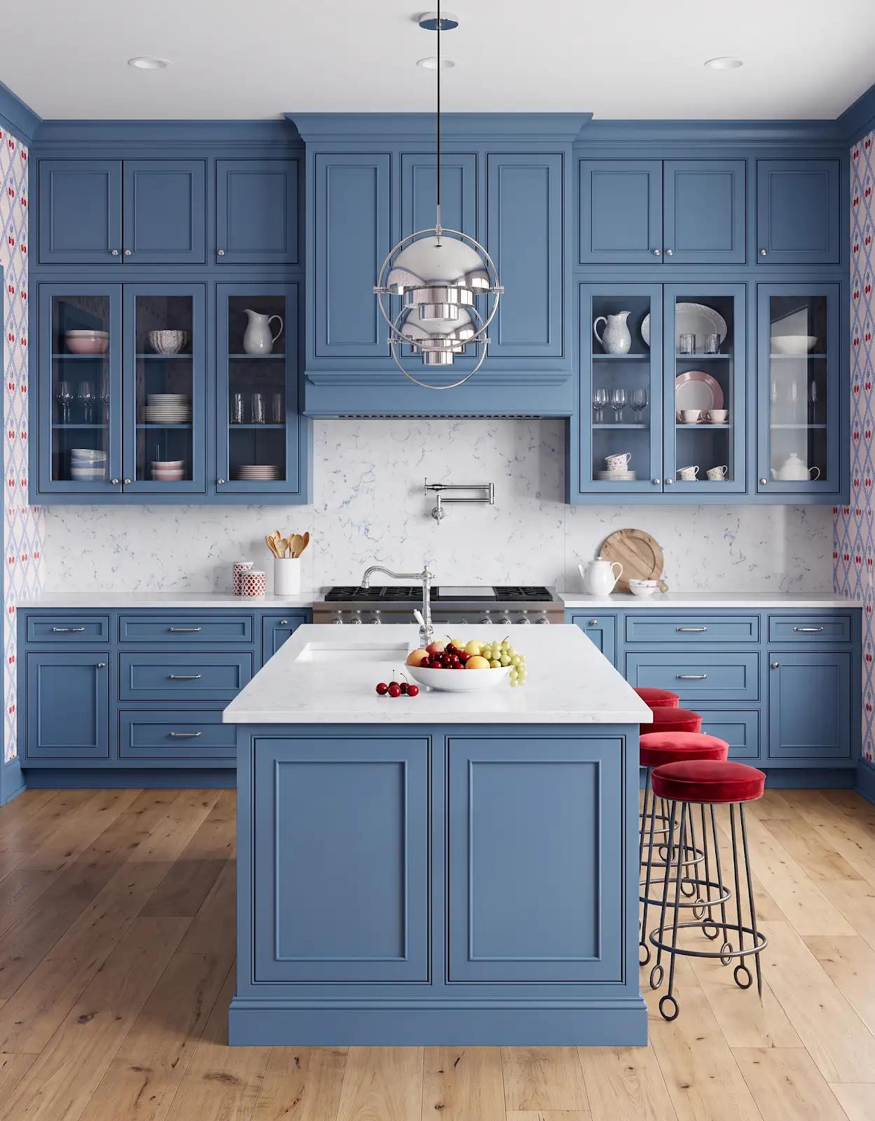 AI-generated room concept with blue cabinets, red stools and a pale island