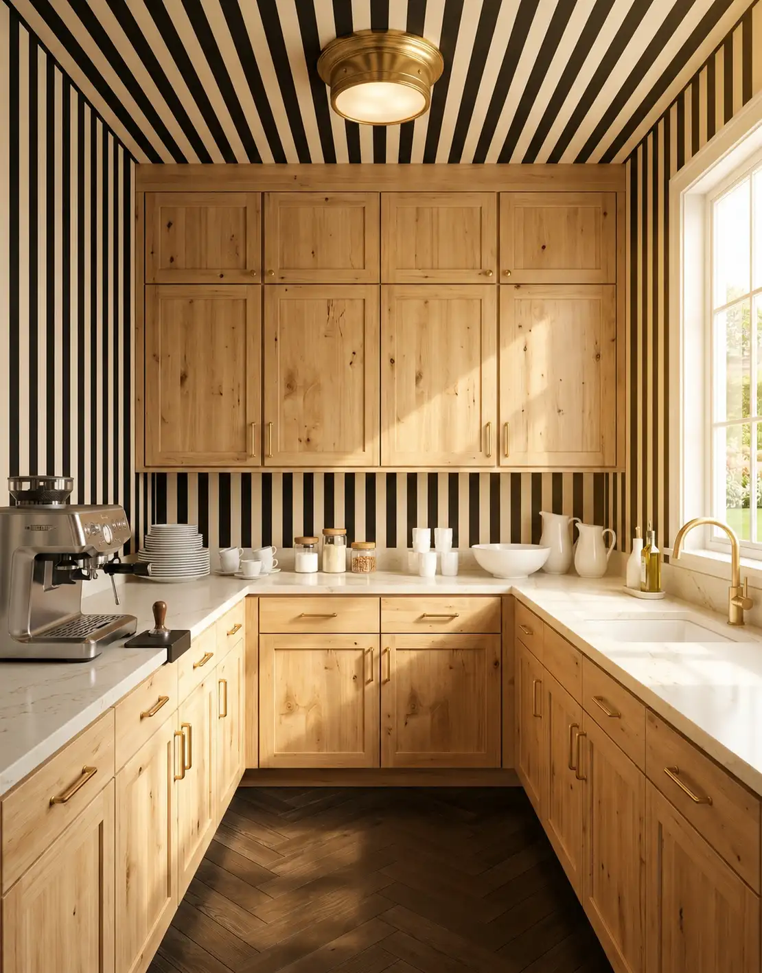 AI pantry concept with wood-tone cabinets, pale counters, striped walls and a darker herringbone-look floor