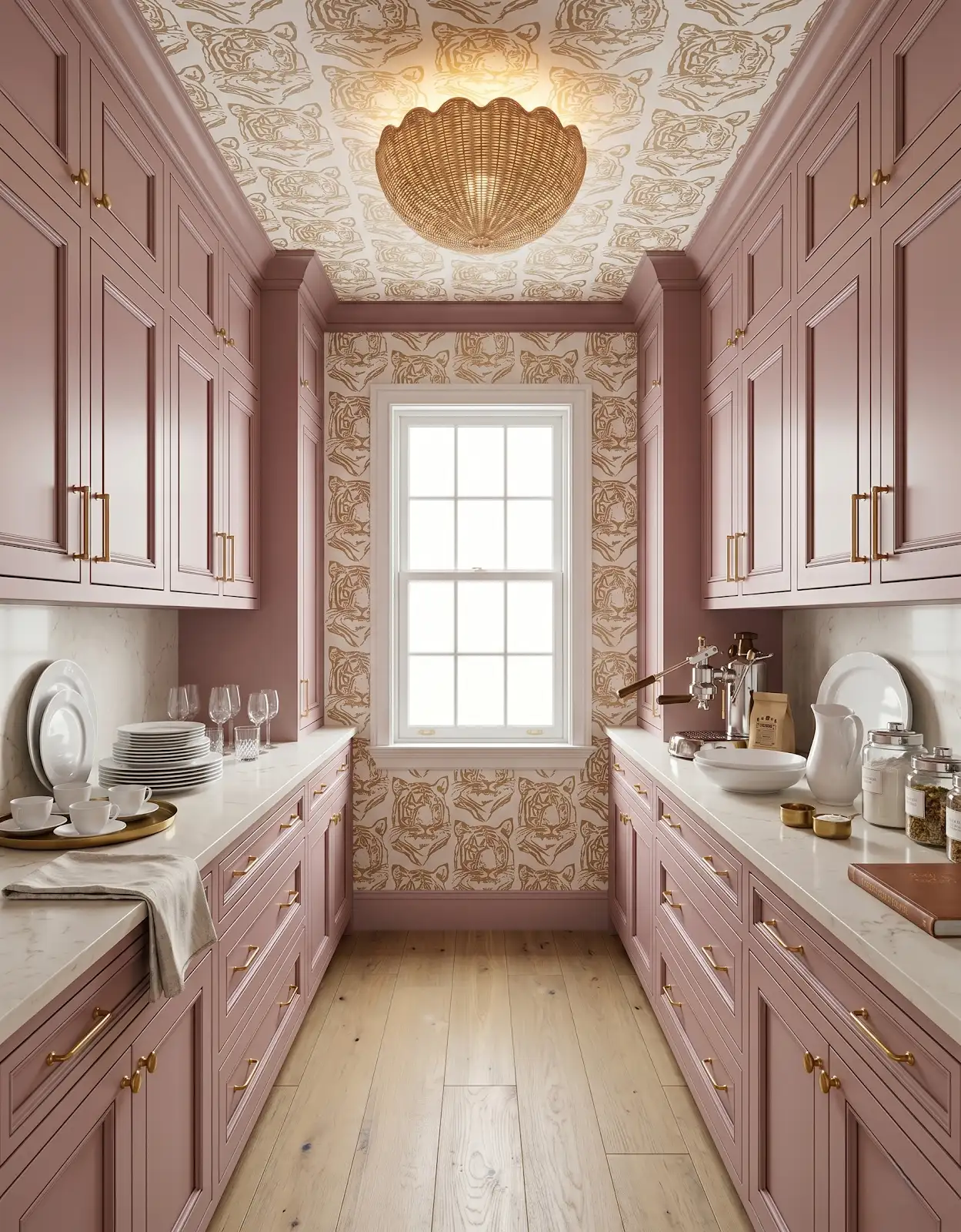 AI-generated room concept with muted pink pantry cabinets and a pale floor