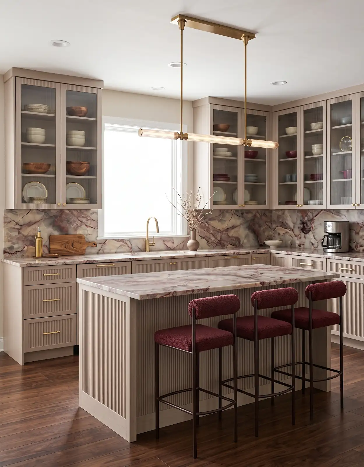 AI-generated room concept with taupe cabinets, burgundy stools and veined counters