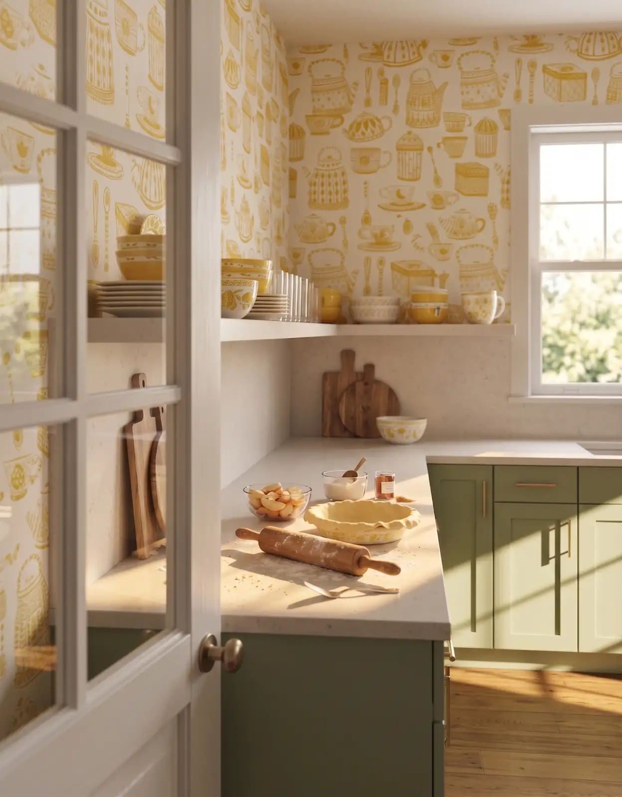 AI-generated room concept with sage cabinets beside a sunny yellow patterned wall