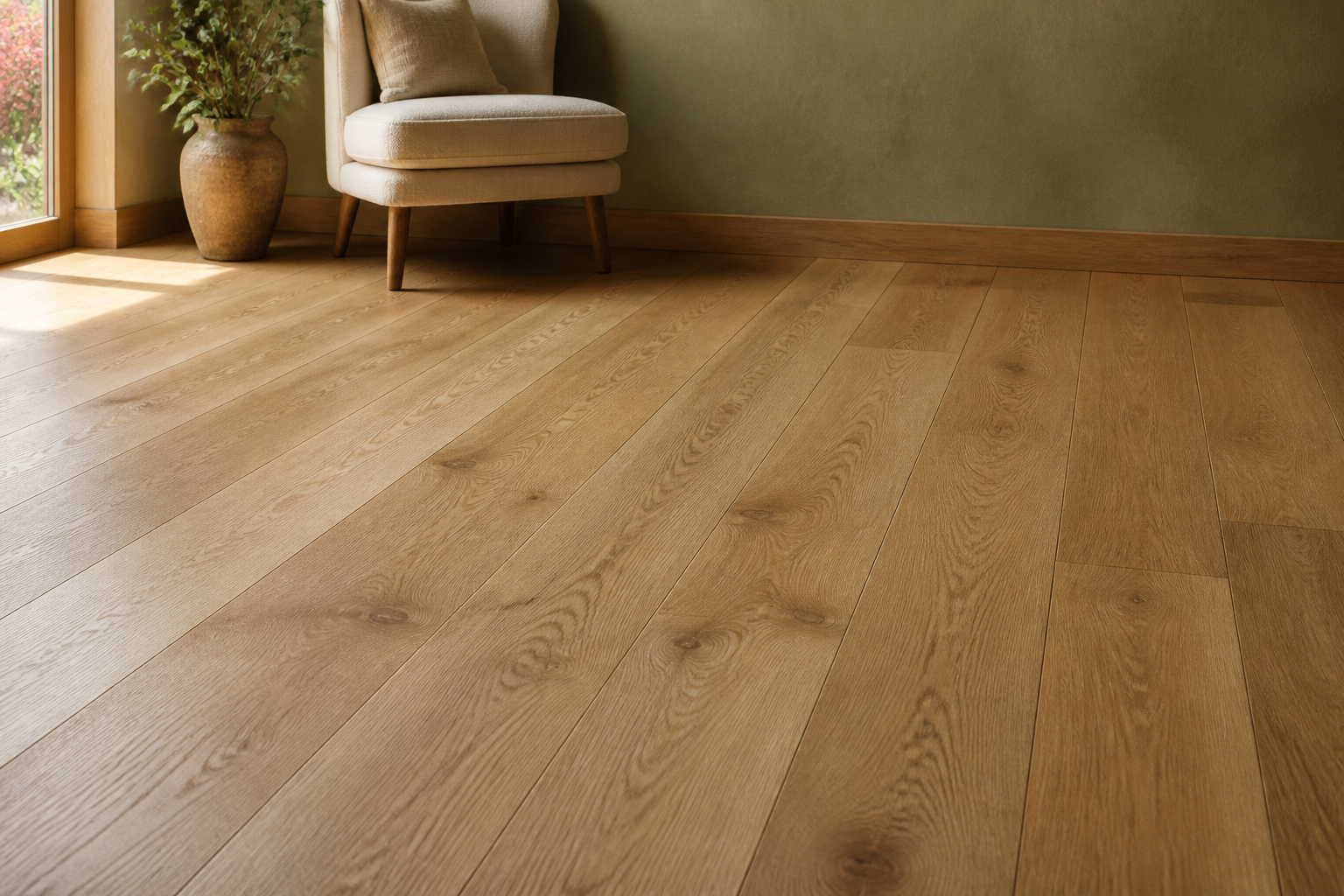 AI concept of varied oak-look planks beneath a cream chair and olive wall