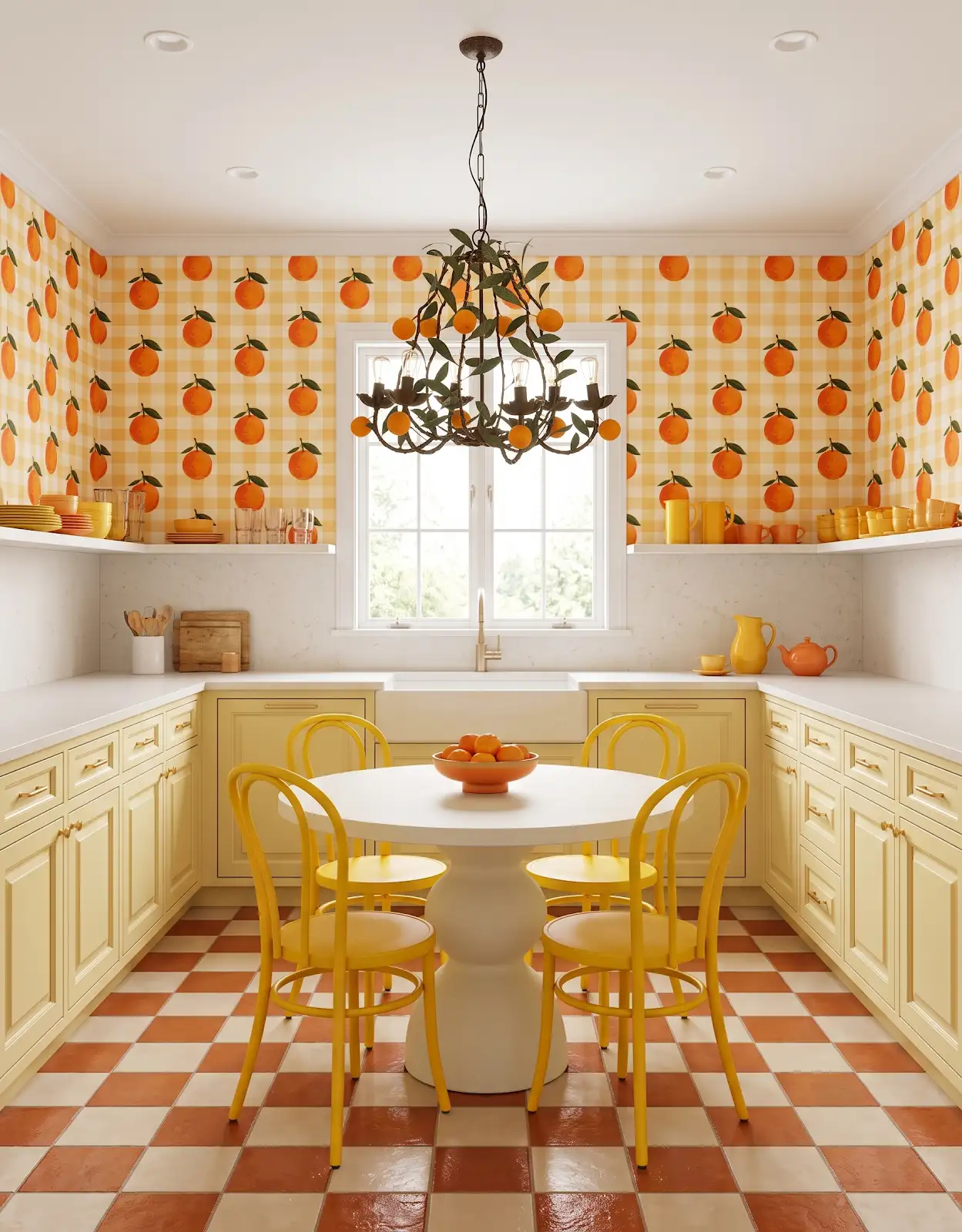 AI-generated room concept with cream cabinets above an orange checked floor