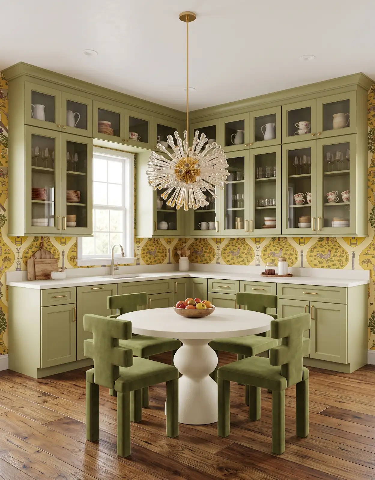 AI-generated room concept with olive cabinets, display doors and a round dining table