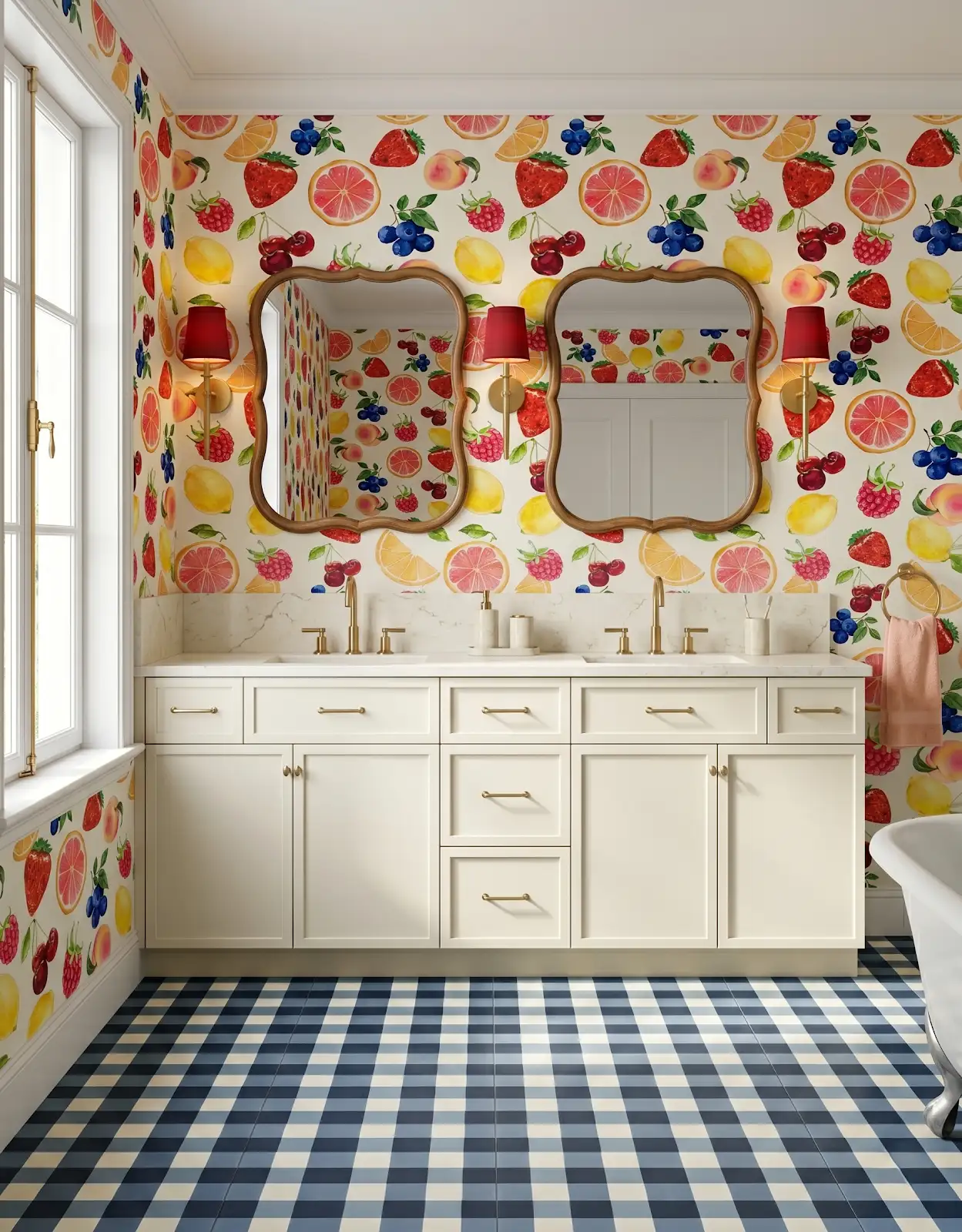 AI-generated room concept with white vanity, fruit-pattern walls and blue checked floor