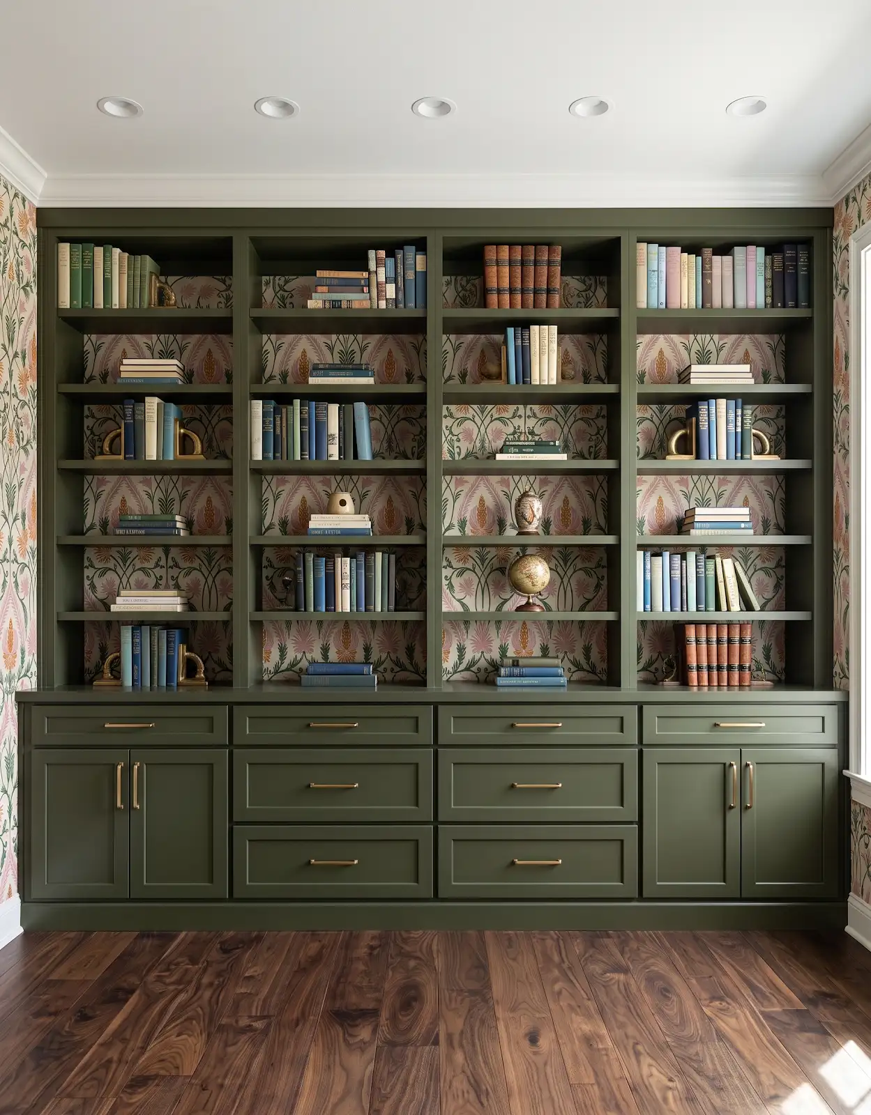 AI-generated room concept with olive bookshelves above a dark wood-look floor