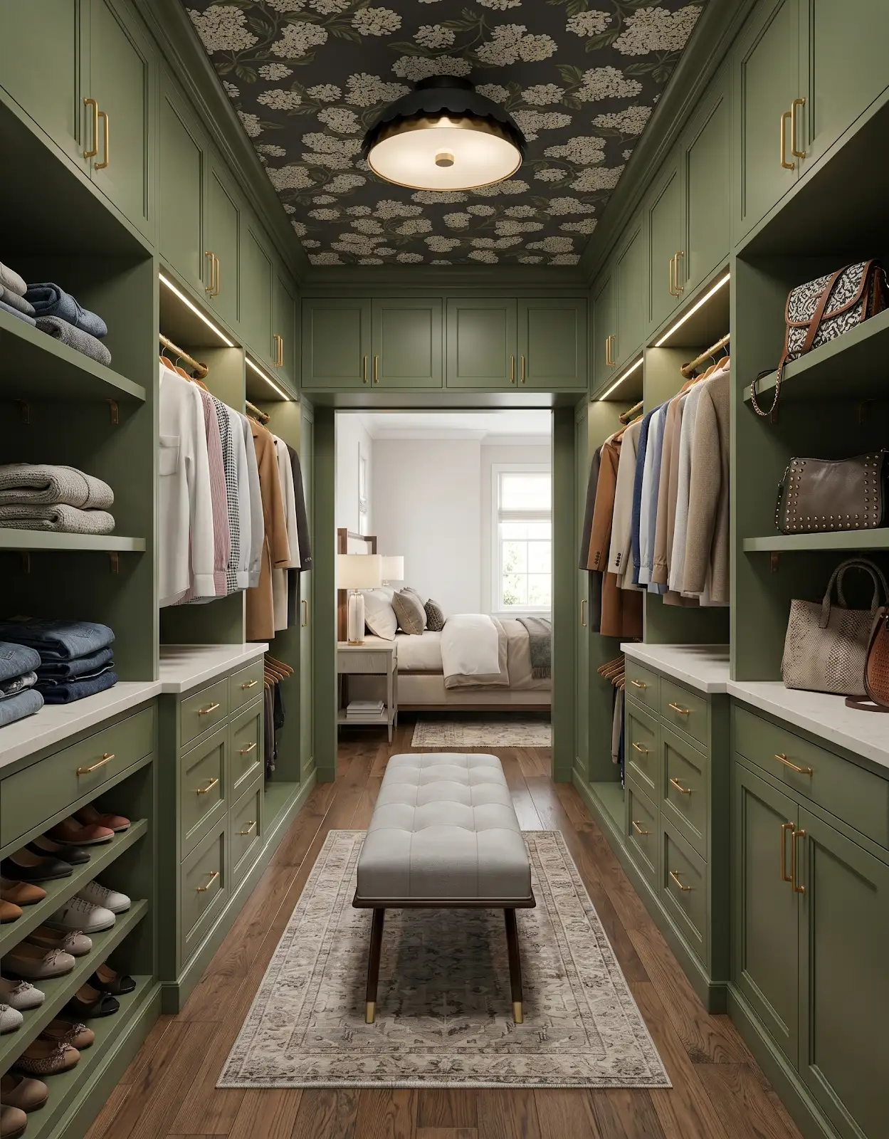 AI-generated room concept with olive closet cabinetry and a gray runner