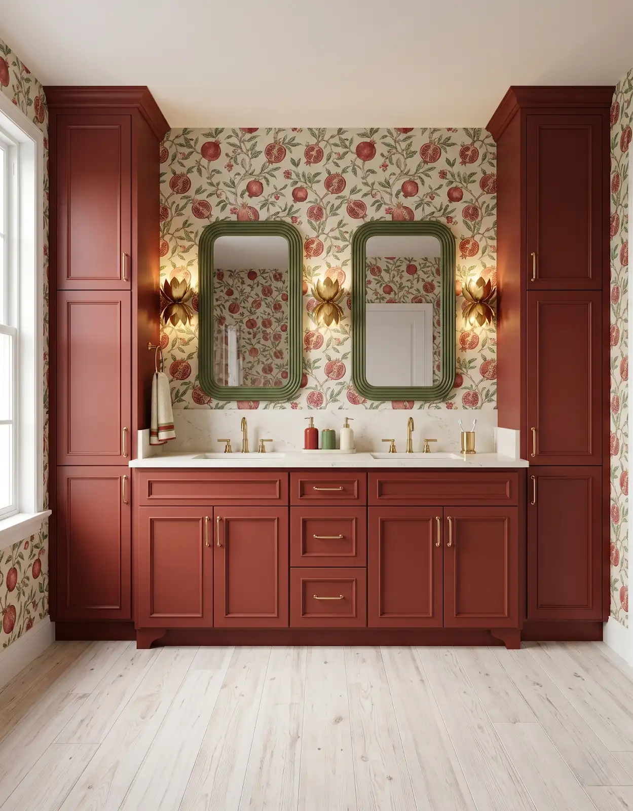 AI-generated room concept with brick-red vanity and floral walls