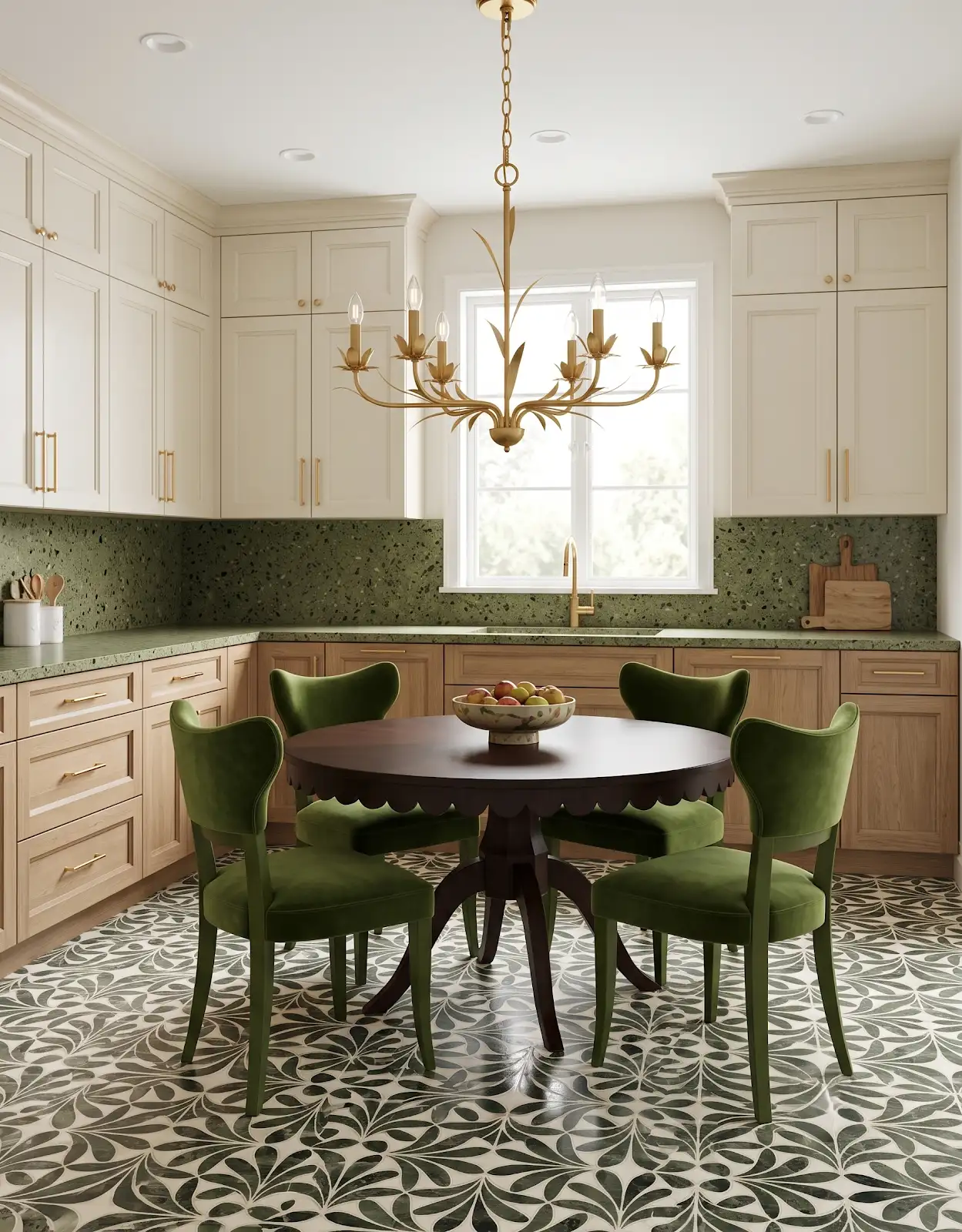 AI-generated room concept with cream cabinets, green chairs and a patterned floor