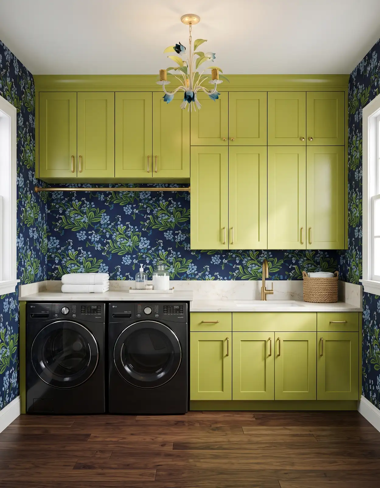 AI-generated room concept with chartreuse laundry cabinets and dark botanical walls
